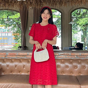 Đầm bầu tơ thêu nổi phom suông cách điệu đính nơ xinh xắn đi chơi, dự tiệc Nữ Women - Đỏ