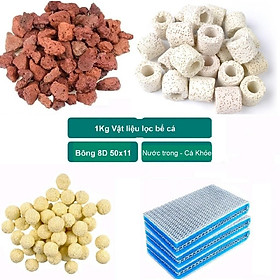 Combo 1Kg Vật Liệu Lọc Bể Cá: Nham Thạch Đỏ, Sứ Trắng, Sứ Bi, Bông 8D - Lọc Nước Hồ Cá Sạch Trong