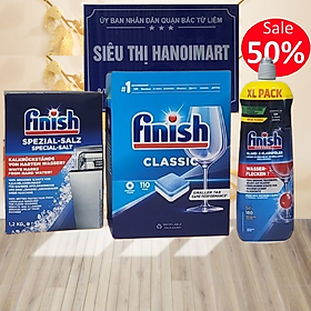 Combo 110 viên Finish+1.2kg muối rửa bát Finish+Nước làm Bóng Finish 750ml dùng cho máy rửa bát chén