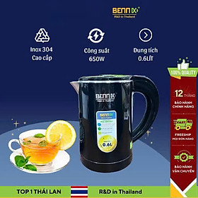 Ấm siêu tốc mini Bennix 2 lớp cao cấp 0.6L, sôi nhanh, an toàn, bảo hành 24 tháng Hàng chính hãng