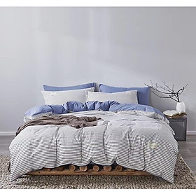 Bộ chăn ga gối cotton tici kẻ LIDACO cao cấp Nhiều mẫu lựa chọn - Kẻ ngang trắng xám - 1m8x2m-Nệm dày 16-20cm