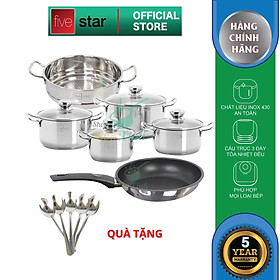 Bộ nồi chảo 3 đáy inox 430 cao cấp FiveStar Standard 6 món bếp từ nắp kính tặng 5 muỗng inox