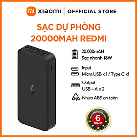 Pin Sạc Dự Phòng Xiaomi Redmi 20000mAh PB200LMZ Tích Hợp Cổng USB Type - C In Hỗ Trợ Sạc Nhanh 18W - Hàng Chính Hãng