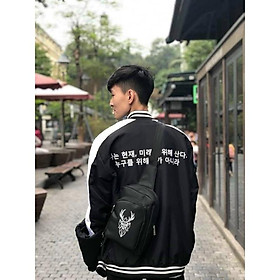 Áo Khoác Dù Gió 2 Lớp Chữ Hàn Quốc Màu Đen Phối Trắng - Kiểu Bomber Unisex Có khóa kéo