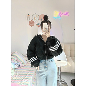 ÁO KHOÁC NỮ CROPTOP PHỐI SỌC, Áo khoác nữ thun nỉ ngoại lửng phối 3 sọc tay, CHỐNG NẮNG NỮ PHỐI CHẠY SỌC TAY RẤT XINH, Áo khoác Style dáng lửng chống nắng thiết kế sọc ngang hoạ tiết trơn phối mũ thời trang thu đông