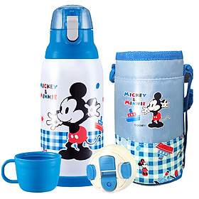 Bình nước giữ nhiệt 2 nắp kèm túi giữ nhiệt hình chuột Mickey màu xanh cho trẻ em, các bé, học sinh - (500ml) - WD-3298MK