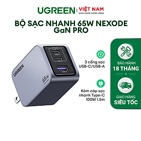 Bộ sạc nhanh Ugreen 65W Nexode GaN Pro CD381 | 3 cổng sạc USB-C/USB-A| Kèm cáp sạc nhanh Type-C 100W 1.5m | Hàng chính hãng-Bảo hành 18 tháng | 25870