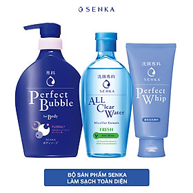 Bộ sản phẩm Senka làm sạch toàn diện (Sữa Tắm Senka Hương Linh Lan & Hoa Nhài 500ml + SRM Senka Perfect Whip 120g + Nước Tẩy Trang Senka Water Fresh 230 ml)