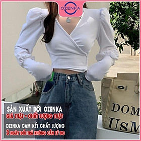 Áo croptop cổ v vai bồng tay dài nữ OZENKA crt ôm body vải thun gân 100% cotton cho người bắp tay to dưới 50 kg