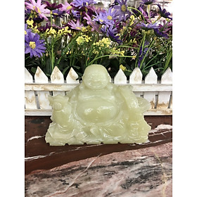 Mua Tượng Phật Di Lặc ngồi cầm thỏi vàng và gậy như ý phong thủy đá ngọc Onyx trang trí bàn làm việc  taplo xe ô tô - Dài 15cm