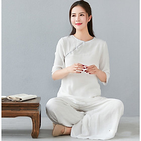 Bộ Quần Áo Tập Thiền , Yoga, quần áo đi Lễ Chùa cổ tròn 2 lớp vải đũi mềm Thiền Chay