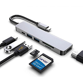 Cáp chuyển đổi Type c sang HDMI 4k , 2x USB3.0, đầu đọc thẻ SD, TF, cổng USB C sạc PD 6in1 vỏ nhôm