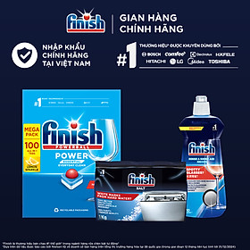 Combo Finish: Hộp 100 Viên Rửa Bát Essential + Nước Làm Bóng Finish 500ml + Muối Rửa Chén Finish Salt túi 1kg