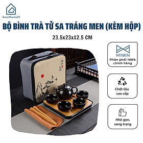 Bộ Bình Trà Tử Sa Tráng Men Mờ Có Túi Đựng Đi Du Lịch Tiện Lợi Gồm 1 Ấm Trà, 4 Tách, 1 Khay Trà (Tặng Kèm Khăn Lau Và Gắp Tre)- Hàng Loại 1 - Chính Hãng MINIIN