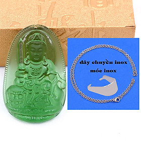 Mặt Phật Văn thù 5 cm (size XL) thuỷ tinh xanh lá kèm móc và dây chuyền inox, Mặt Phật bản mệnh