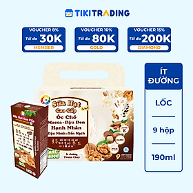 Sữa hạt cao cấp Óc chó - Macca - Đậu Đen - Hạnh Nhân - Đậu Nành & Yến Mạch ít đường 190ml (9 hộp/lốc)