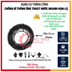 18M Dây Thông Tắc Cống Dạng Lò Xo Dây Phi 16 - Sử Dụng Bằng Khoan dài 18m kèm phụ kiện,6 đầu thông+đầu kết lối máy khoan