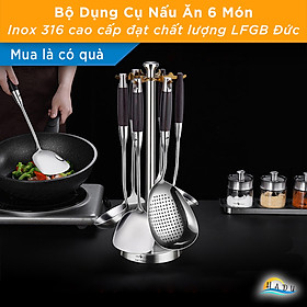 Bộ Dụng Cụ Nhà Bếp Nấu Ăn 6 Món Inox 316 Tay Cầm Gỗ Cao Cấp Đạt Chất Lượng LFGB Đức SSGP