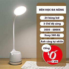 Hình ảnh Đèn led để bàn học sạc usb có kệ đựng bút hoặc điện thoại hình tròn - Chính hãng