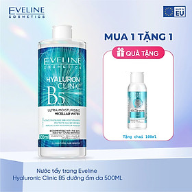[ Tặng chai 100ml ] Nước tẩy trang Eveline Hyaluron Clinic B5 và tinh chất rau má 3 in 1 500ML