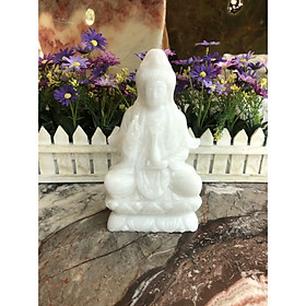 Tượng Phật Bà Quan Thế Âm Bồ Tát ngồi đài sen cầu bình an đá cẩm thạch trắng - Cao 20 cm