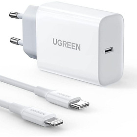 Bộ sạc + cáp sạc nhanh dành cho Iphone Ugreen 50698 1M PD 20W USB-C 3.0 Màu Trắng CD137 Hàng chính hãng