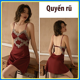 Q83 Váy ngủ lụa hai dây ren ngực hình thôi hở lưng quyến rũ  - Đầm ngủ lụa 2 dây - Đồ ngủ nữ sexy - Váy ngủ 2 dây - Freesize (45kg - 58kg ) - Đỏ