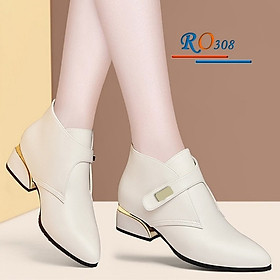 Giày boot nữ cổ thấp 4 phân hàng hiệu rosata hai màu đen kem ro308