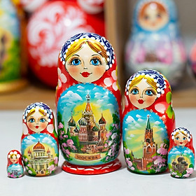 (CÓ VIDEO) BỘ BÚP BÊ NGA MATRYOSHKA 5 LỚP 15CM VÀ 18CM HOA VĂN "PHONG CẢNH MATXCOVA" CỰC ĐẸP VÀ SANG TRỌNG, ĐỘC ĐÁO