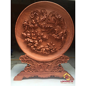 Đĩa gỗ trang trí hồng trĩ bằng gỗ hương đường kính đĩa 30 – 35 - 40 cm dày 4 cm