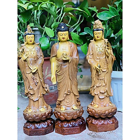 Mua Bộ tượng phật tam thánh bằng gỗ bách xanh phun mầu giả cổ kt cao 40×12cm