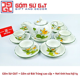 Bộ trà chóp lửa men kem vẽ sen vàng Gốm Sứ G&T