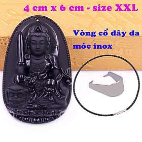 Mặt Phật Văn thù đá thạch anh đen 6 cm kèm vòng cổ dây da đen - mặt dây chuyền size lớn - XXL, Mặt Phật bản mệnh