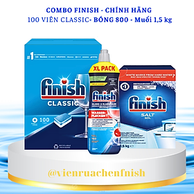 Combo 100 viên rửa bát Finish + 1.5kg Muối rửa chén finish + Nước bóng Finish 750ml (Nk Đức)