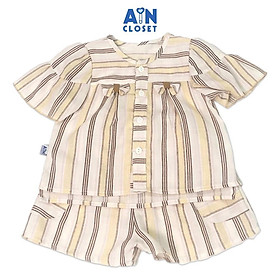 Bộ quần áo ngắn bé gái họa tiết Kẻ nâu tay rũ cotton - AICDBGEXMU4L - AIN Closet