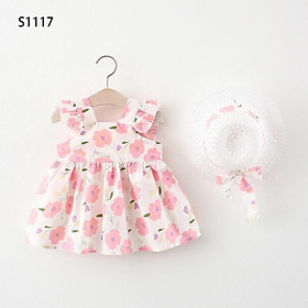 SET VÁY BÉ GÁI HỌA TIẾT HOA HOA KÈM NÓN CHO BÉ TỪ 1 - 4 TUỔI
