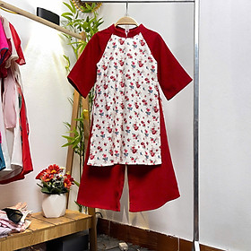 Áo dài cách tân cho bé gái 1-10 tuổi in cành hoa hở vai vải tơ hàng thiết kế cao cấp thời trang