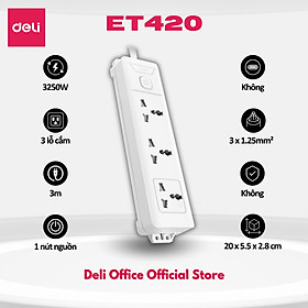[TẶNG BÚT THỬ ĐIỆN] Ổ Cắm Điện Đa Năng DELI Sạc Nhanh TypeC USB PD20W 2-12 Ổ Vuông Dẹt Chịu Tải 2500W, Cầu Chì Tự Ngắt - 3 ổ 3250W 3m