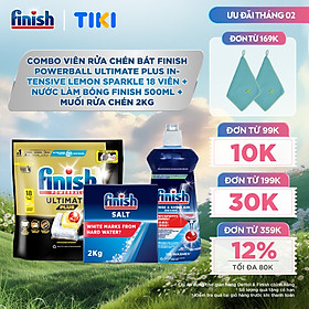Combo Finish: Viên rửa chén Ultimate 18 viên + Nước làm bóng 500ml + Muối rửa chén 2kg