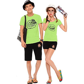 Bộ Áo Thun Đôi Nam Nữ Troll Face Màu Xanh Chuối