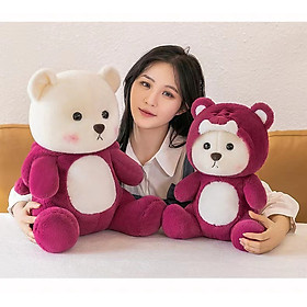 Gấu bông lena ngồi đội mũ gấu dâu đỏ đáng yêu, gấu teddy trắng cosplay