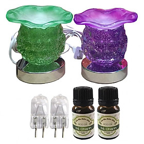 Combo 2 Đèn xông tinh dầu thủy tinh cảm ứng nho kèm 2 chai tinh dầu sả chanh và 2 bóng đèn (Giao màu ngẫu nhiên)