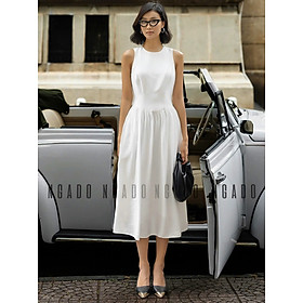 Đầm trắng xoè cổ tròn sát nách NGADO , đầm nữ , Đầm xòe nữ sát nách