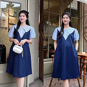 Đầm Yếm Bầu Công Sở Xinh Thiết Kế Dáng Suông Cổ Sen Phối Nút Chất Cotton Lạnh Mát Mẻ, Trẻ Trung - Xanh đen