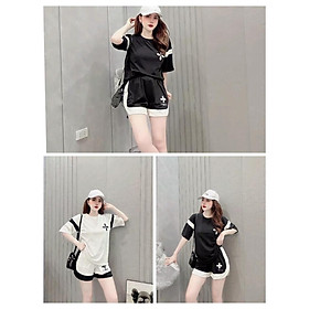 Bộ Áo Phông Chữ Thập Viền Tay Kèm Quần Short Phối Màu