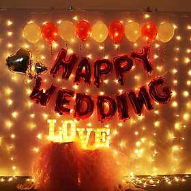 Set trang trí ngày cưới lãng mạn tông màu đỏ chủ đạo với bộ chữ, bóng hình, phụ kiện, bong bóng kèm keo dán YBWD-001