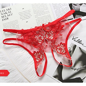 Quần lót nữ, quần chip xẻ đáy khiêu gợi in hình hoa đỏ 
