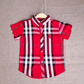 Áo sơ mi bé trai 2-8 tuổi cộc tay in chữ FF và kẻ, Áo hè cho bé vải thoáng mát thời trang