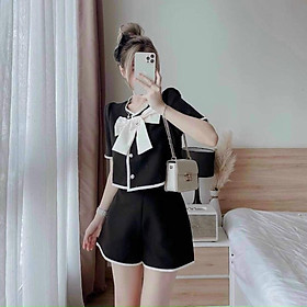 SÉT BỘ QUẦN SHORT ÁO VIỀN TAY NGẮN NÚT CÀI KÈM NƠ TRÊN NGỰC PHONG CÁCH TIỂU THƯ NĂNG ĐỘNG