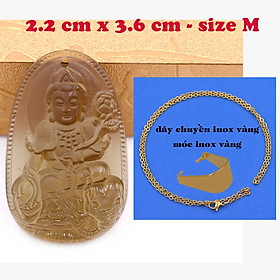 Mặt Phật Phổ hiền bồ tát đá obsidian ( thạch anh khói ) 3.6 cm kèm dây chuyền inox vàng - mặt dây chuyền size M, Mặt Phật bản mệnh